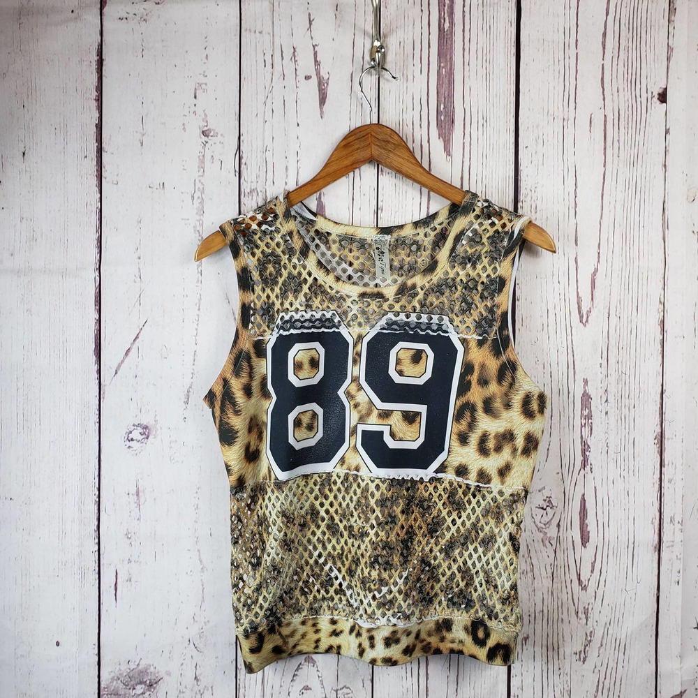 Topia Womens Jersey T Shirt Size Medium Animal Print Sleeveless Eyelet Beige